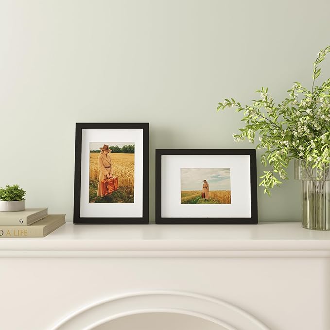 Egofine A4 Picture Frames Set of 4, Made of Solid Wood Covered by Plexiglass 4x6 and 6x8 with Mat or A4 whitout Mat, for Table Top Display and Wall Mounting Photo Frame Black