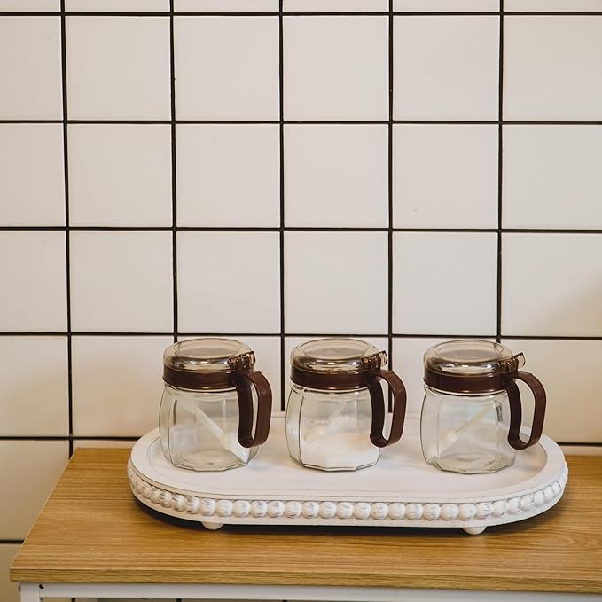 HPC Decor 15in Oval Wooden Tray - White Beaded Serving Tray, Rustic Farmhouse Vintage Centerpiece, Kitchen & Living Room Decor