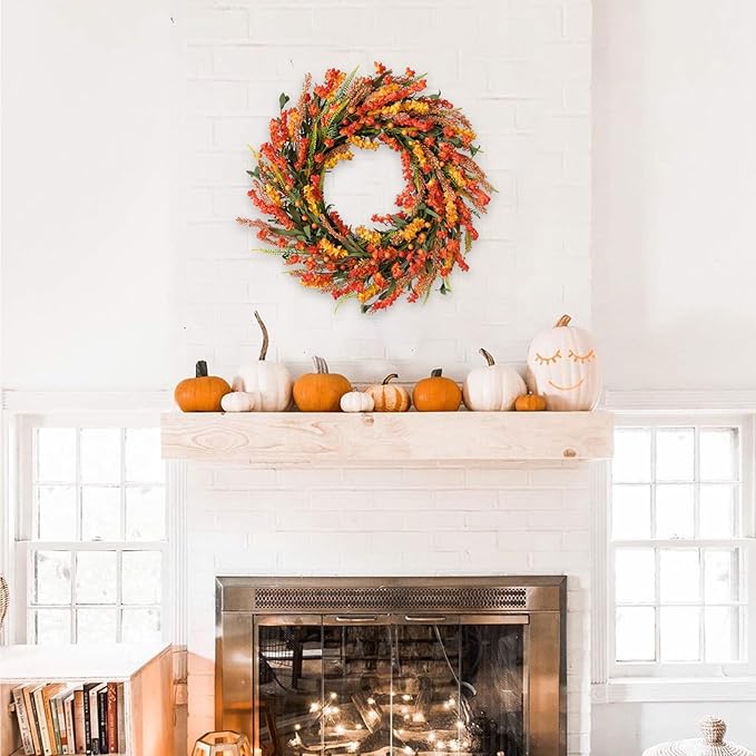 22 Inch Fall Flower Wreath for Front Door, Autumn Yellow Orange Forsythia Flower Indoor Outdoor Wreath with Berries Foam Leaves