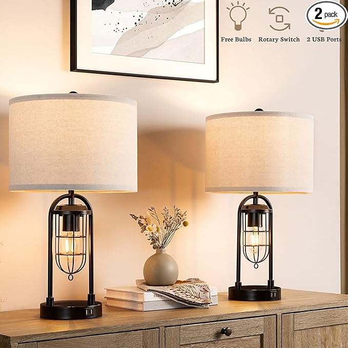 Kyrid 21'' Table Lamps Set of 2 with Night Light and USB Port Industrial Modern Nightstand Lamp Set (Bulbs Included)
