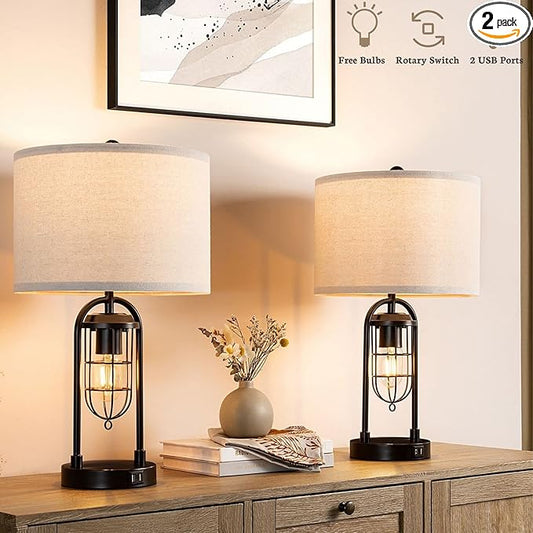 Kyrid 21'' Table Lamps Set of 2 with Night Light and USB Port Industrial Modern Nightstand Lamp Set (Bulbs Included)