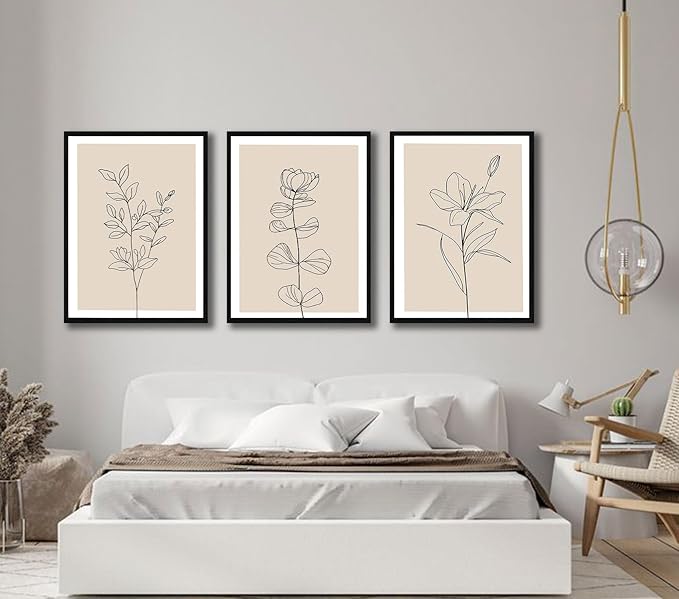 3Pcs Framed Canvas Wall Art Set Simple Botanical Line Art Print Modern Floral Poster Artwork Canvas Wrap Gallery Picture for Living Room Bedroom Bathroom Office Home Decor 12x16 Inch