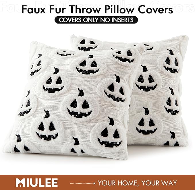 MIULEE Fall Halloween Throw Pillow Covers 18x18 Decorative Pumpkin Pattern Pillowcases Soft Plush Faux Wool Cushions for Home Patio Sofa Couch,White