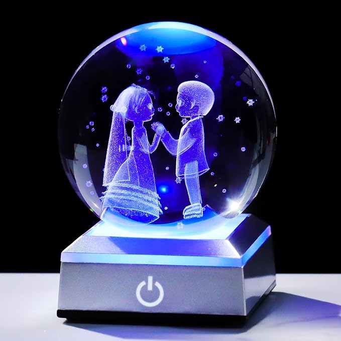 3D Crystal Ball Engraved Wedding Couples with LED Light Base 3.15'' - Gifts for Bride and Groom, Friend, Sister - Married Anniversary Presents for Partner Sweet Newlyweds Home Decor