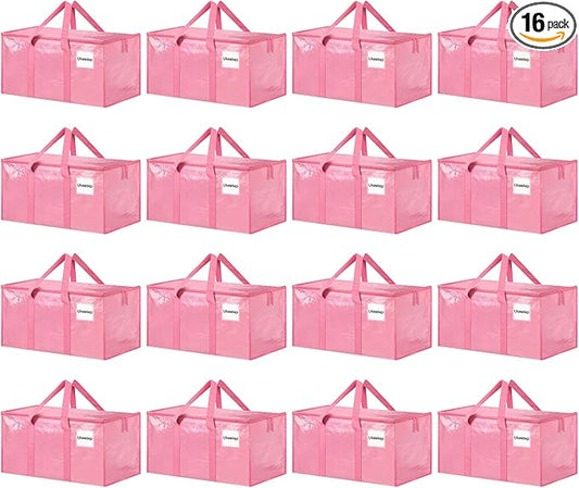 16 Pack Extra Large Heavy Duty Moving Bags, Pink Storage Bins with Lids, Reinforced Handles & Heavy-Duty Zippers Moving Boxes Storage Bags Totes for Clothes Packing, Dorms, College Supplies, Pink