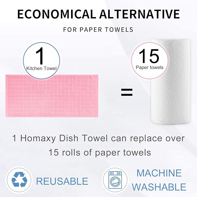 Homaxy 100% Cotton Terry Kitchen Towels(Pink, 13 x 28 inches), Checkered Designed, Soft and Super Absorbent Dish Towels, 4 Pack