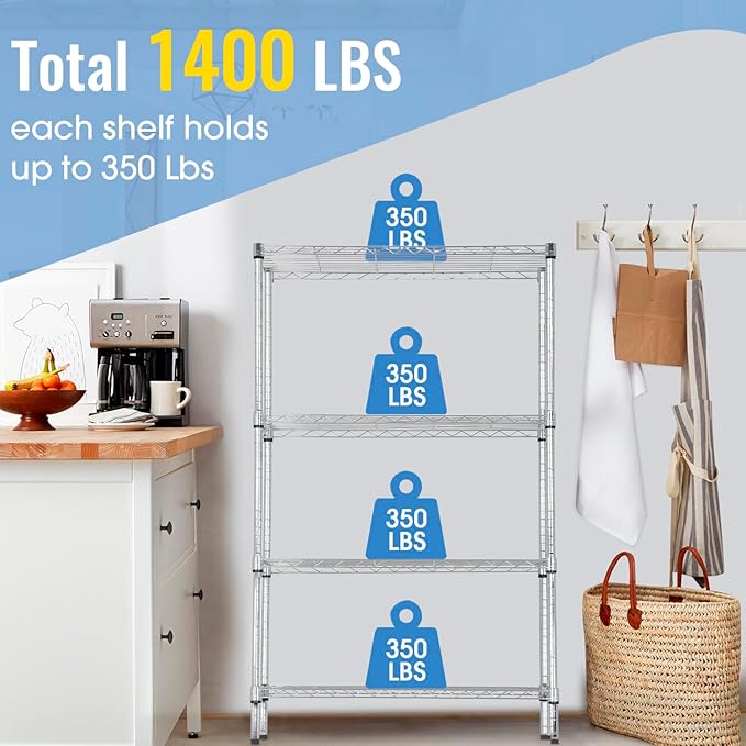 PayLessHere | 4-Tier Wire Shelf | 36"x14"x62" | Chrome | Adjustable Racks | Heavy-Duty Storage Shelves, Holds Upto 1400 lbs | Rust-Resistant, No-Tool Assembly | for Home, Garage Shelving
