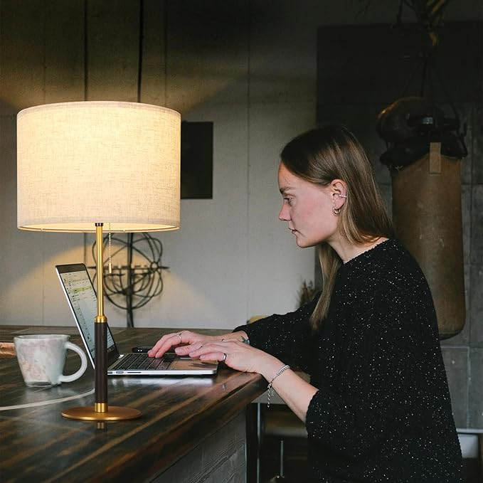 26.4" Set of 2 Modern Living Room Table Lamp for End Tables Bedside Lamps for Bedroom 3-Color Temperatures Pull Chain Switch Lamp Wood Fabric for Home/Office/Desk Decor (Light Brown+Brass)