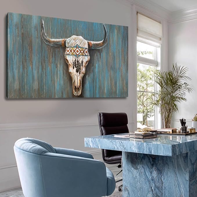 Cow Canvas Wall Art Animal Pictures for Living Room Blue Wall Decor Colorful Artwork Large Poster Prints Arts 24"x48"