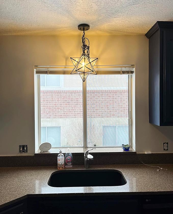 14'' Moravian Star Pendant Light Clear Glass Shade Hanging Star Lights with Adjustable Chain-E26 Dimmable Hanging Light for Kitchen Bedroom Entryway Foyer