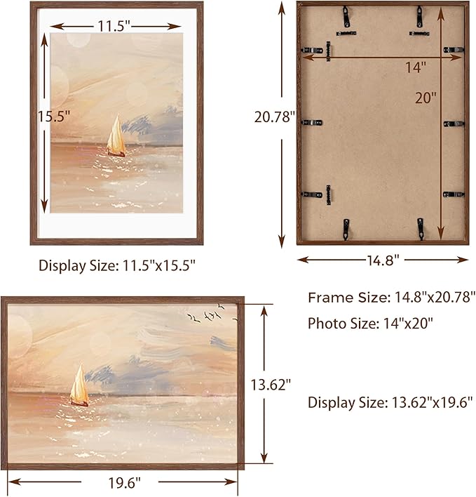 14x20 Picture Frame, Solid Oak Wooden 14"x20" Photo Frame for Wall, 14 x 20 Frame Matted to 12 x 16, Tempered Real Glass, 14 x 20 Collage Gallery Frames (Walnut Color, 1 Pack)
