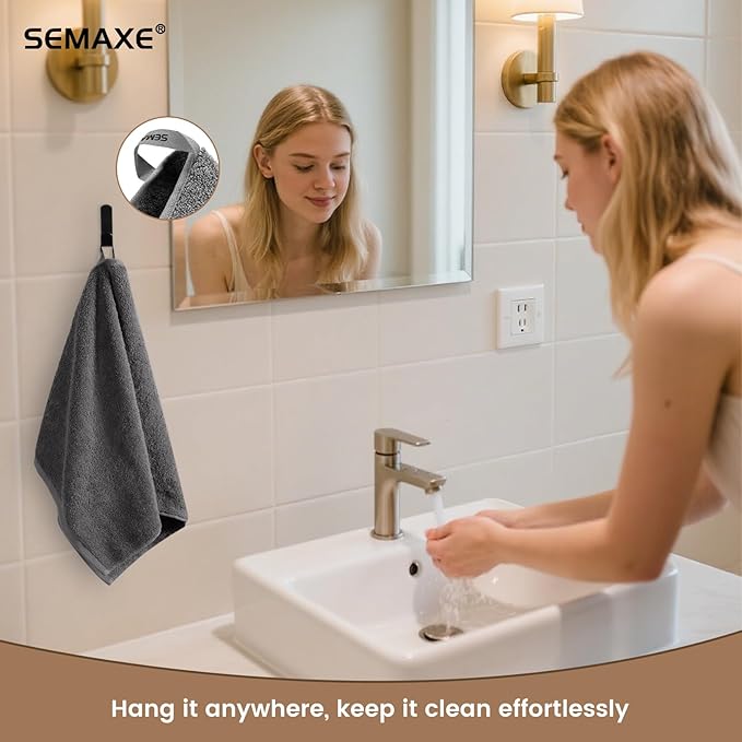 SEMAXE Hand Towel for Bathroom Set, 4 Piece 100% Cotton Gray Towels with Hanging Loops, Hotel Spa Quality Absorbent Towels, 27" L x 16" W, Gift Box Packaged