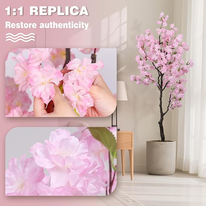 Artificial Pink Cherry Blossom Tree 7ft(83in) Tall Fake Silk Leaves Indoor Decor Handmade Lifelike Sakura Tree for Wedding Realistic Cherry Plant in Pot for Home Living Room,Office,Outdoor Decor
