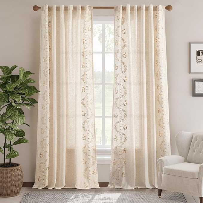 jinchan Belrose Linen Curtains for Bedroom Floral Curtains 96 Inch Length Linen Blend Beige Embroidered Drapes Farmhouse Flower Patterned Drapes for Living Room Window Treatments Set 2 Panels