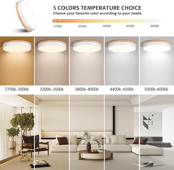 Dimmable Modern Wood Ceiling Light, White LED 5CCT 2700K-6000K Flush Mount Ceiling Lighting Fixture, Round Light Fixtures for Kitchen Living Room Dining Room Bedroom-15.8in