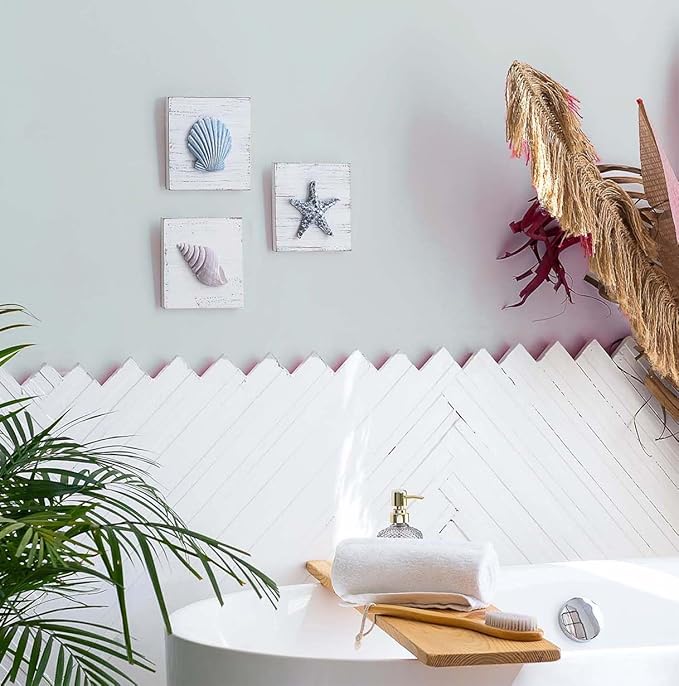 TideAndTales 3D Beach Wall Art - Seashell with Starfish for Coastal Bathroom Decor, Ocean Inspired Decor for Bathroom, Coastal Bedroom, Living Room or Beach House, Set of 3 (6”x 6”)