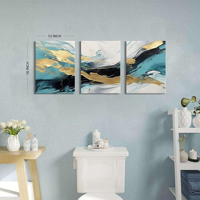 Abstract Teal Canvas Wall Art Bedroom Decor Set of 3 Abstract Gold Line Ink Prints Picture Bathroom Artwork 12x16", Abstract Turquoise Glitter Splash Modern Framed Painting for Living Room Decoration