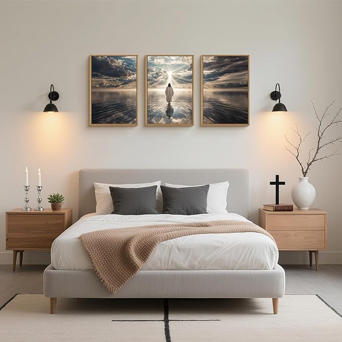 HPNIUB Jesus Canvas Wall Art Set, Jesus Walking On Water Framed Wall Decor Christian Religious Modern Serenity Prayer Art Prints Artwork for Living Room,Bedroom,Farmhouse,Prayer Room-16 x24 x3