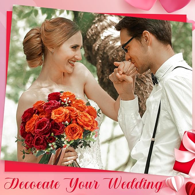 Geosar 8 Bundles Artificial Peonies Flowers Fake Silk Peony Bouquet Faux Peonies Flowers Bulk for Decoration Vase Florals Arrangements Wedding Party Table (Orange,Deep Red)