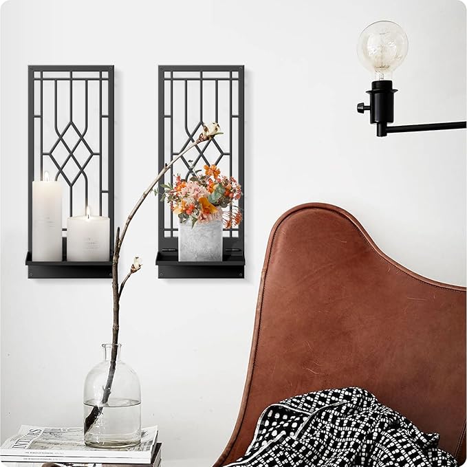 Wall Sconces Candle, Black Metal Wall Decor, Retro Wall Candle Holder for Living Room, Dining Room, Bedroom, Bathroom (2 Pack, 16.5 x 7 in)