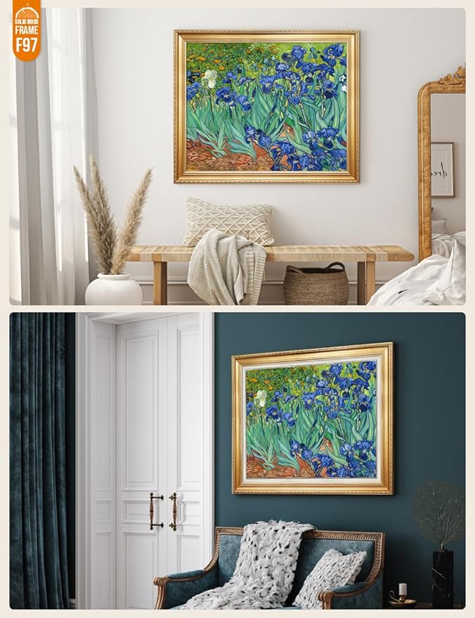 DECORARTS - Irises in the Garden, Vincent Van Gogh Art Reproduction. Acid Free Cotton Canvas Giclee Print w/Bronze Frame&Mat for Wall Decor.