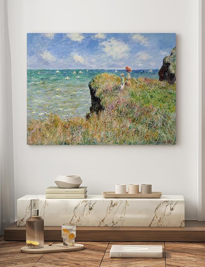 DECORARTS - The Cliff Walk at Pourville by Claude Monet, Museum-Quality Giclee Canvas Print, Wall Art Reproduction, 40" W x 30" H, Made in USA