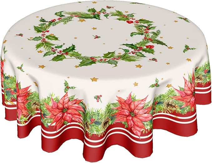 Kawani Christmas Round Tablecloth 60 Inch Holiday Tablecloth Decor Winter Merry Christmas Table Cloth Polyester Fabric Washable Xmas Table Cover for Kitchen Dining Room Outside Decoration