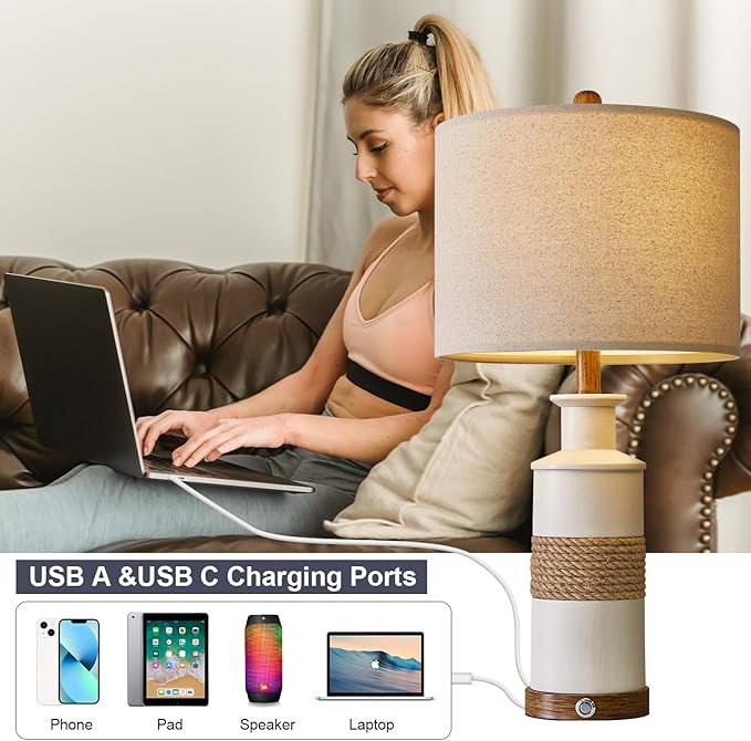 BOBOMOMO 24.5" USB A+C 3-Way Dimmable Touch Control Boho Table Lamp Set of 2 for Living Room Nightstand Beside Lamps for Bedroom(Include Two Bulbs)