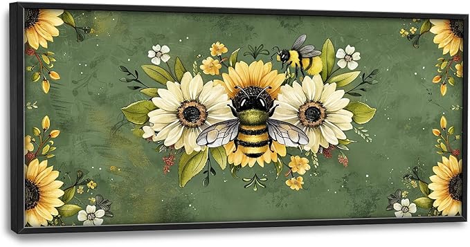 Flintis Large Bee Wall Art Bee Sunflower Pictures Wall Decor Abstract Animal Canvas Painting Print Artwork Decoration Framed for Living Room Bathroom Master Bedroom Office Dining Room 60L x 30W