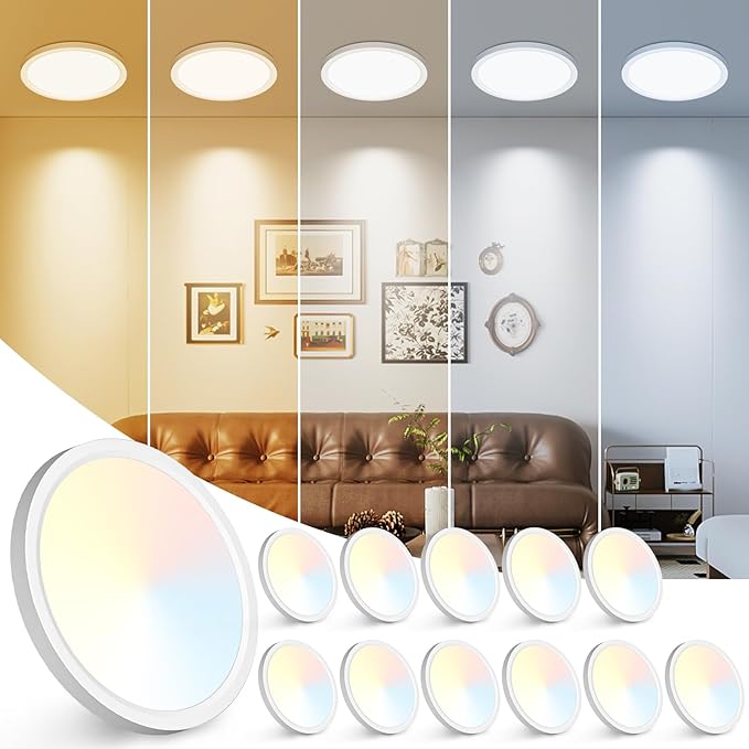 Peasur 7 inch LED Ceiling Light, 3000K/3500K/4000K/5000K/6500K Adjustable Flush Mount Light Fixture, 1500LM 15W Thin White Round Lamp for Hallway Kitchen Bathroom Bedroom, 12Pack