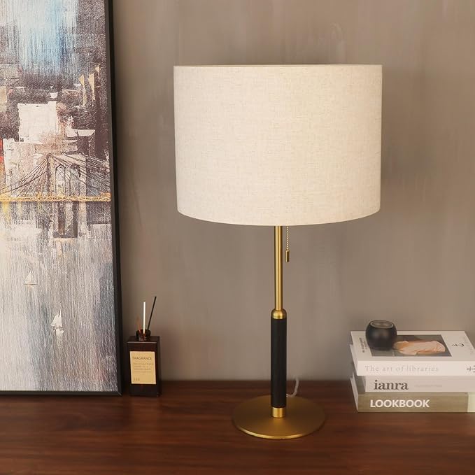 26.4" Living Room Modern Table Lamp Bedside Lamps for Bedroom 3-Color Temperatures Pull Chain Switch Nightstand Lamp for End Tables Wood Fabric for Home/Office/Desk Decor (Light Brown+Brass)