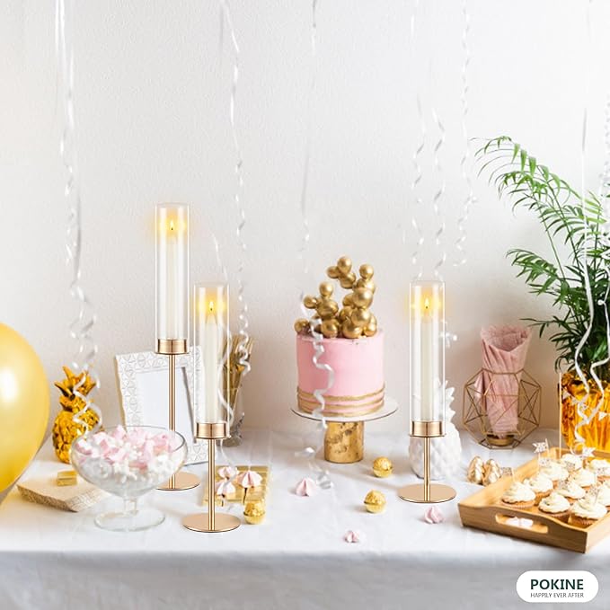 Gold Candle Holders Set of 6 for Glass Taper Candle Holders,Hurricane Candlestick Holder for Home Decor, Wedding, Dinning, Party Decorative, Anniversary (6,Gold)