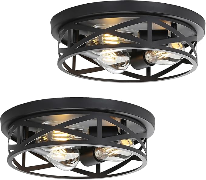 13 inch Black Flush Mount Ceiling Light Fixtures,3-Light Industrial Farmhouse Ceiling Light Fixture，Black Light Fixture Ceiling Mount for Kitchen Bedroom Living Room Hallway 2 Pack