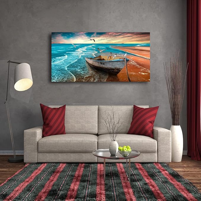 Beach Sunset Pictures Canvas Wall Art For Living Room Bedroom Wall Decor,Seascape Wall Art Print Paitnings For Home Decor,Morden Artwork Boat Canvas Art Waterproof Ready To Hang-20X40Inches
