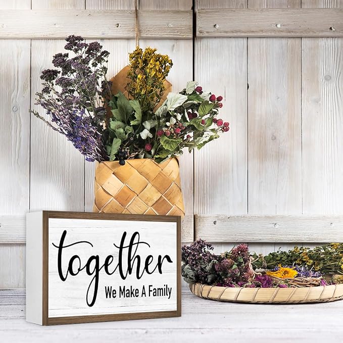 Together We Make a Family Wooden Box Sign Desk Decor,Rustic Family Saying Wood Block Sign for Home Farmhouse Bedroom Shelf Tabletop Wall Decor
