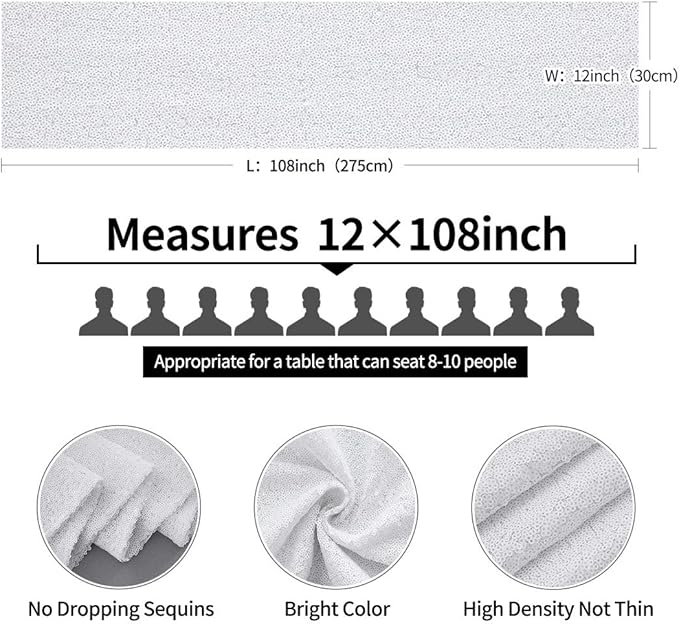 2 Packs 12 x 108 inches White Sequin Table Runner, Glitter White Table Runner for Wedding Birthday Bachelorette Holiday Party Supplies Decorations Bridal Shower Baby Shower
