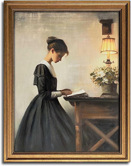 Gold Framed Wall Art Room Decor Classical Oil Painting Canvas Print Vintage Wall Art for Living Room Bedroom Decor (Young Girl, 20L" x 16W")