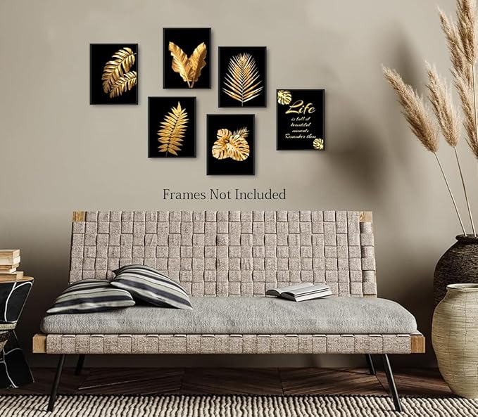 Gold Leaf Art Prints Modern Black Gold Botanical Tropical Plant Leaves Canvas Wall Art Prints,Foliage Inspirational Quotes Art for Bedroom Room Home Decor Set of 6(8"X10"Unframed)