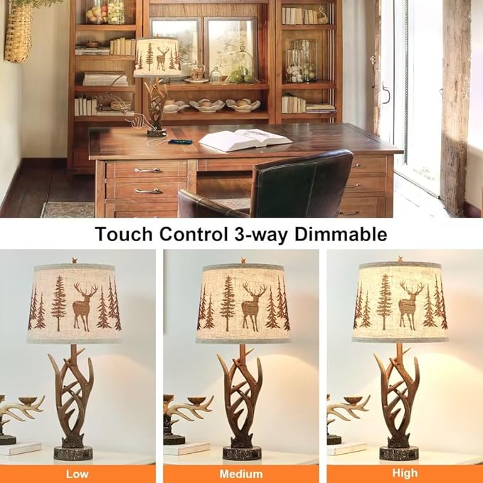 Dungoo 26" Touch Control Antler Table Lamps Set of 2, 3-Way Dimmable Rustic Lamp with 2 USB Ports, Natural Antler Lamp with Deer Forest Lampshade Farmhouse Lamps for Living Room Foyer