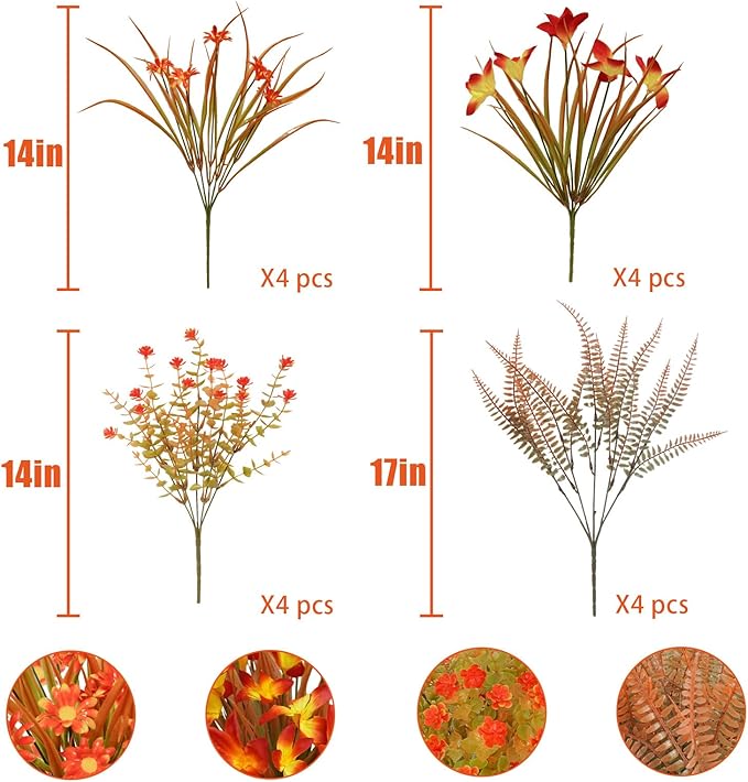 16Pcs Artificial Fall Flowers Outdoor Fake Fall Plants UV Resistant Autumn Greenery Plastic Flowers Shrubs for Outside Porch Patio Garden Boxwood Thanksgiving Decor
