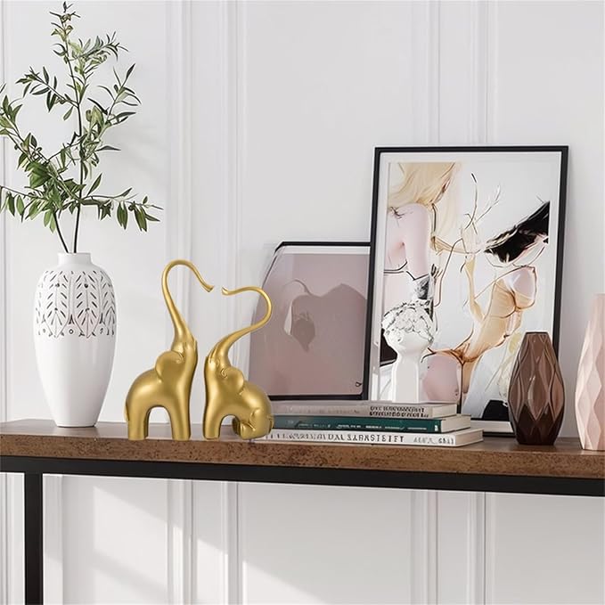 Loving Elephant Statues Home Decor, Small Elephant Figurines in Love for Women, Elephant Sculpture Heart Decorative Objects for Bookshelf Decor (Gold)