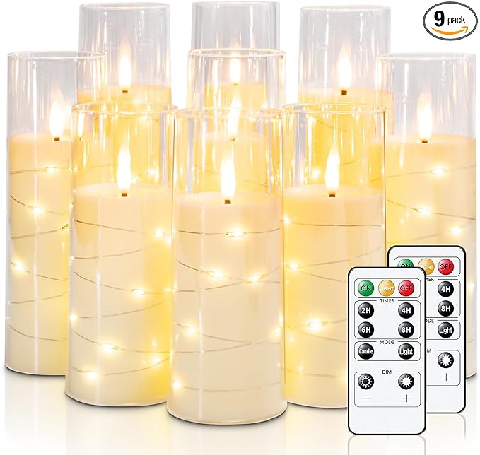 Raycare Flameless LED Candles with Embedded Star String, 9 Pcs Battery Operated Acrylic Pillar Candle with Timer and Remote, Flickering Candles for Romantic Ambiance and Home Decoration (Ivory)