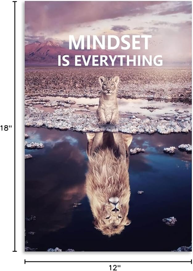 Motivational Canvas Painting Animal Poster Little Lion and Big Lion Mindset is Everything Wall Art Printing Office Decoration Frame[12''W X 18''H]