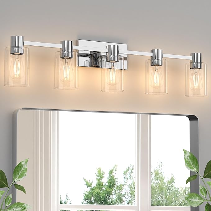 5-Light Modern Vanity Light Fixtures Over Mirror, Chrome Bathroom Light Fixtures, Vanity Lights, Wall Sconce with Clear Glass Shade for Bathroom, E26 Base
