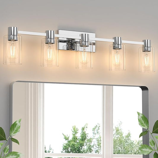5-Light Modern Vanity Light Fixtures Over Mirror, Chrome Bathroom Light Fixtures, Vanity Lights, Wall Sconce with Clear Glass Shade for Bathroom, E26 Base