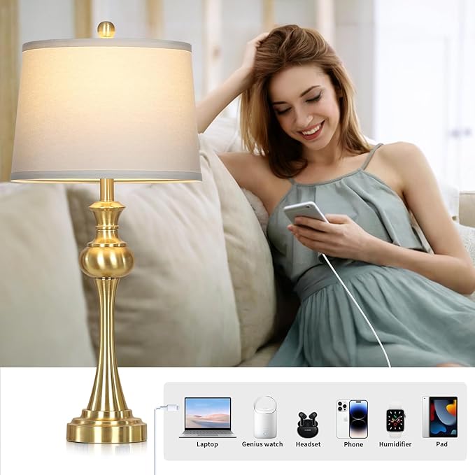 28.75" Gold Table Lamps Modern 3-Way Touch Control Dimmable Bedside Lamp with USB A+C Ports & AC Outlets for Living Room Bedroom Nightstand Lamp (Bulb Included)