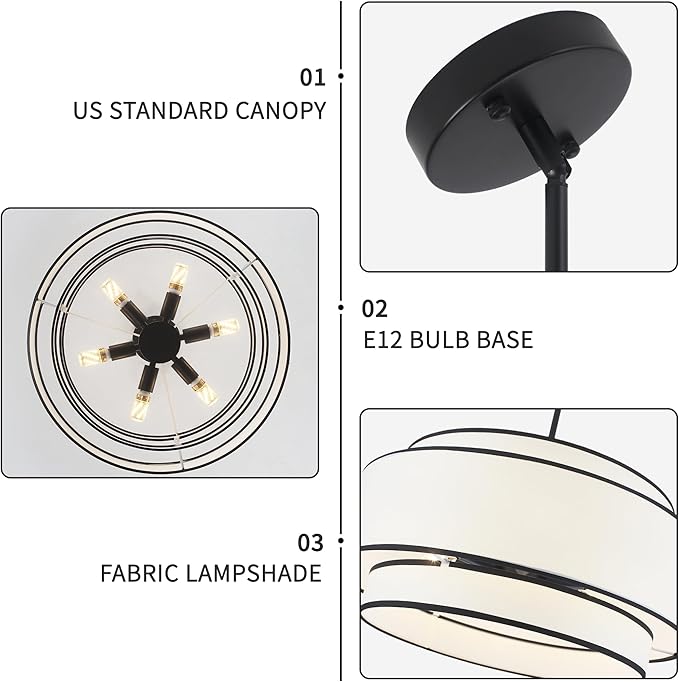 19.7'' Modern Drum Chandeliers,Black Chandeliers for Dining Room Hanging Light Fixtures,3-Tier Drum Pendant Light Over Island,6-Light White Fabric Chandeliers for Kitchen Living Room Entryway Bedroom