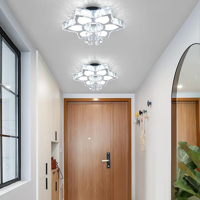 FRIXCHUR 16.1" Crystal Chandeliers Crystal Ceiling Light Fixtures LED Flush Mount Light Flower Modern Chandelier Light Ceiling Lamp for Living Room Bedrooms Dining Room（White）