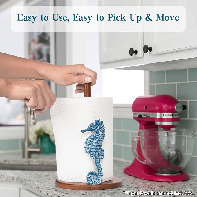 Seahorse Paper Towel Holder - Beach House Decor Unique Coastal Decor Seahorse Gifts for Women, Funny Cute Paper Towel Holder Stand Wood Kitchen Countertop Bathroom Decor Blue Coastal Kitchen