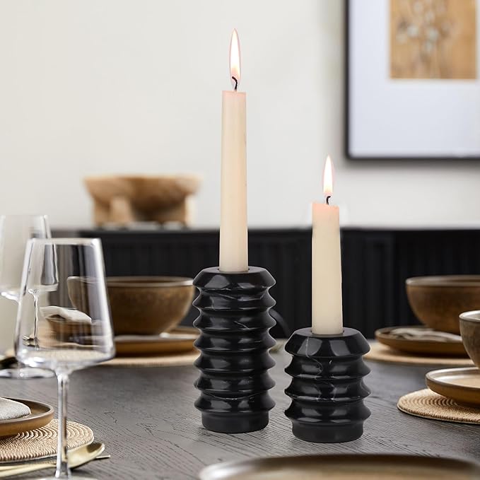 HofferRuffer Marble Candlestick Holders, Set of 2 Natural Stone Candle Holder Decorative Candle Stands for Wedding, Dinning, Party, Table Centerpieces, Fits 3/4'' Thick Candles (MarbleBlack)
